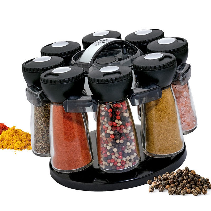 Portaspezie girevole con inclusi 8 barattoli e adesivi dove scrivere i nomi delle spezie